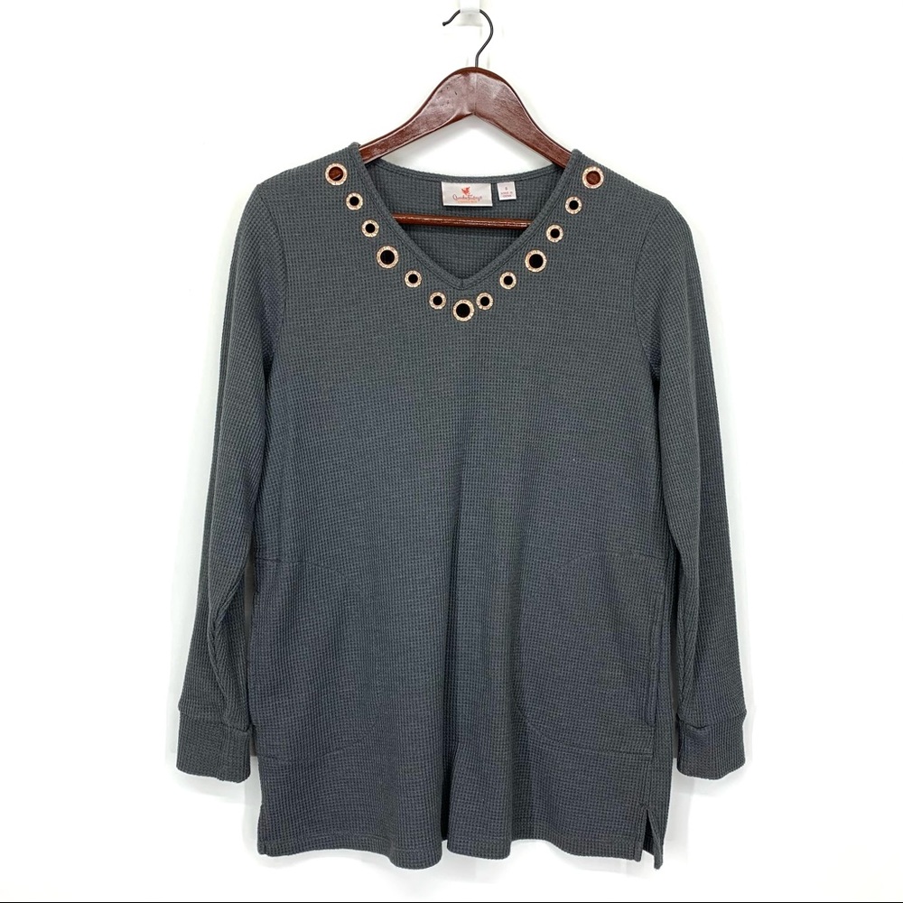 Quacker Factory Rhinestone Grommet V-Neck Long Sleeve Thermal Shirt With Pockets